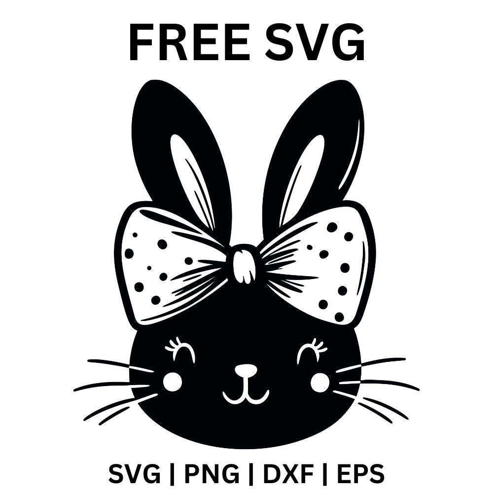 Black bunny face with closed lashed eyes, whiskers and white cheek dots wearing a big white polka dot bow between its ears, free bunny with bow SVG cut file preview.