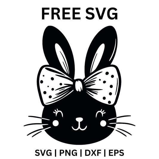 Black bunny face with closed lashed eyes, whiskers and white cheek dots wearing a big white polka dot bow between its ears, free bunny with bow SVG cut file preview.