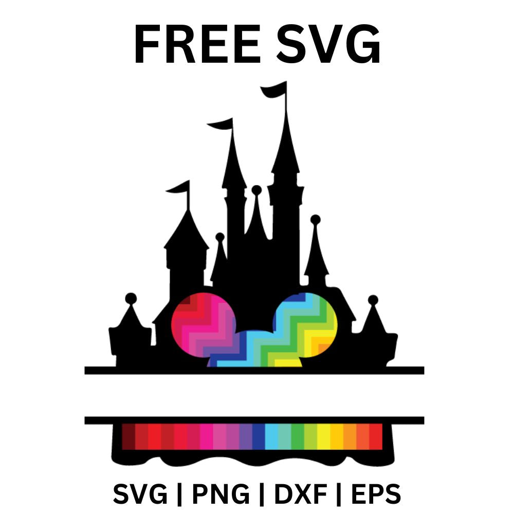 Black fairytale castle silhouette with rainbow chevron mouse ears at the base and a split name band above a rainbow striped strip, free castle SVG cut file preview.