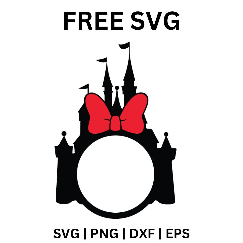 Black fairytale castle silhouette with flags, a big red bow and a blank white circle frame in the center for a monogram, free castle monogram SVG cut file preview.