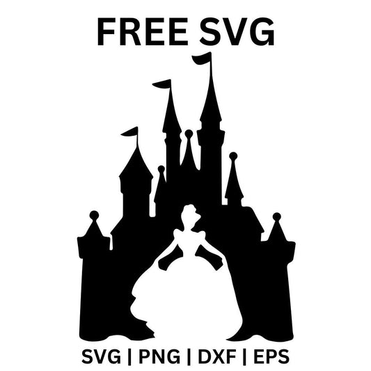 Black fairytale castle silhouette with tall spires and a princess in a ball gown cut out in white at the gate, free castle princess SVG cut file preview.