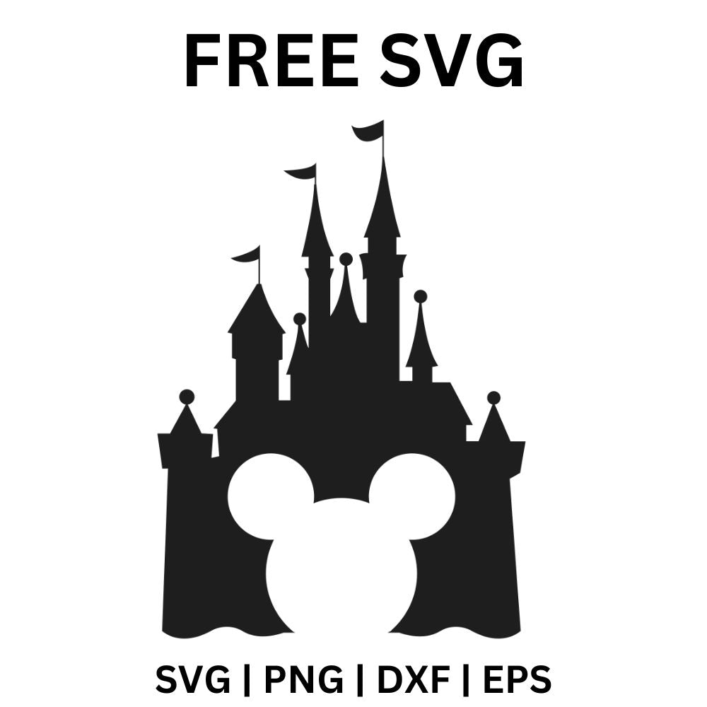 Black fairytale castle silhouette with flags on the towers and a white mouse ears head shape cut out at the base, free castle SVG cut file preview.