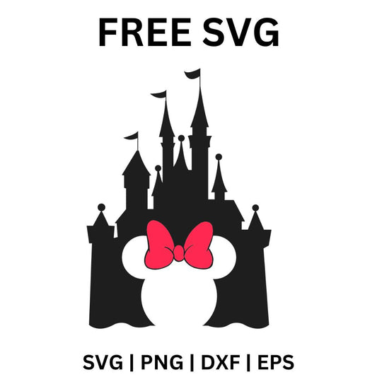 Black fairytale castle silhouette with flags and a white mouse ears head shape topped with a pink bow cut out at the base, free castle SVG cut file preview.