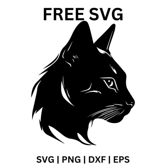 Black cat head in side profile with white whisker and fur detail lines and a sharp eye, free black cat head SVG cut file preview.