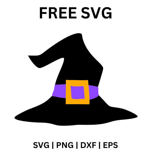 Black crooked witch hat with a bent tip, a purple band and a square orange buckle, free witch hat SVG cut file preview.