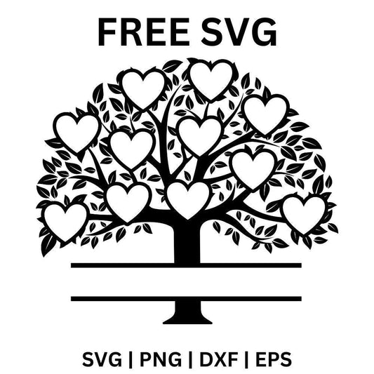 Black branching tree silhouette with eleven white heart frames in the leafy crown above a split name bar, free eleven hearts family tree SVG cut file preview.