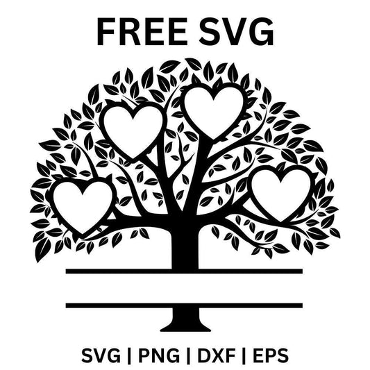 Black branching tree silhouette with four white heart frames in the leafy crown above a split name bar, free four hearts family tree SVG cut file preview.