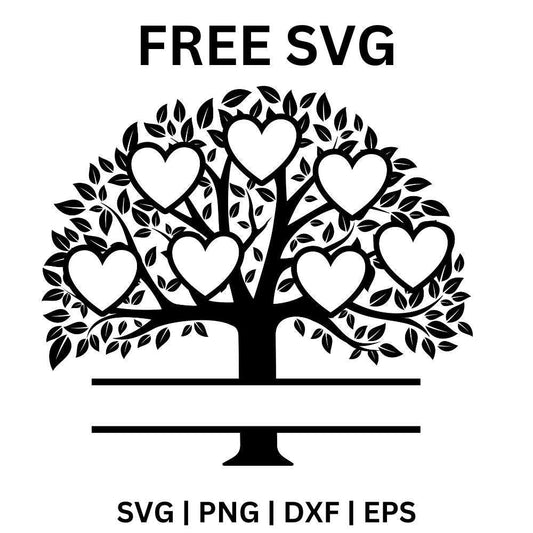 Black branching tree silhouette with seven white heart frames in the leafy crown above a split name bar, free seven hearts family tree SVG cut file preview.