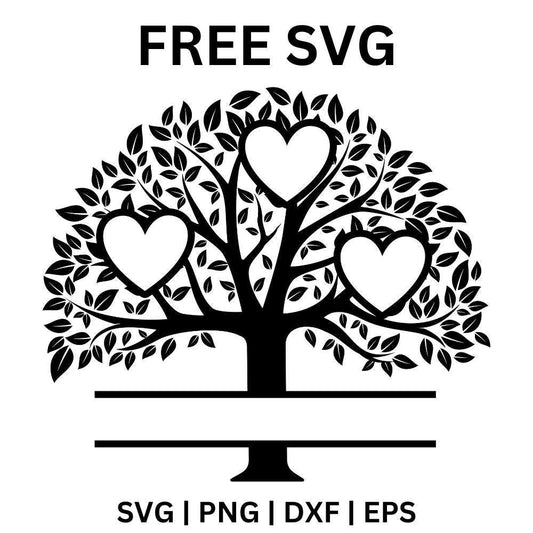 Black branching tree silhouette with three white heart frames in the leafy crown above a split name bar, free three hearts family tree SVG cut file preview.