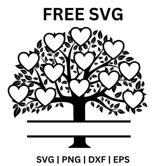 Black branching tree silhouette with twelve white heart frames in the leafy crown above a split name bar, free twelve hearts family tree SVG cut file preview.