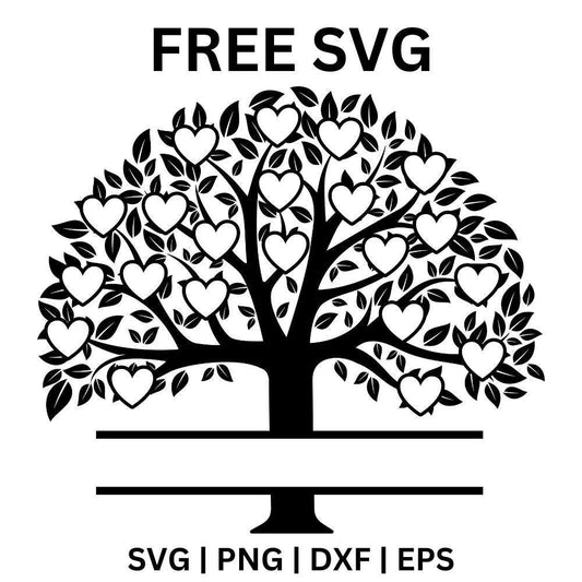 Black branching tree silhouette with twenty-one white heart frames in the leafy crown above a split name bar, free twenty-one hearts family tree SVG cut file preview.