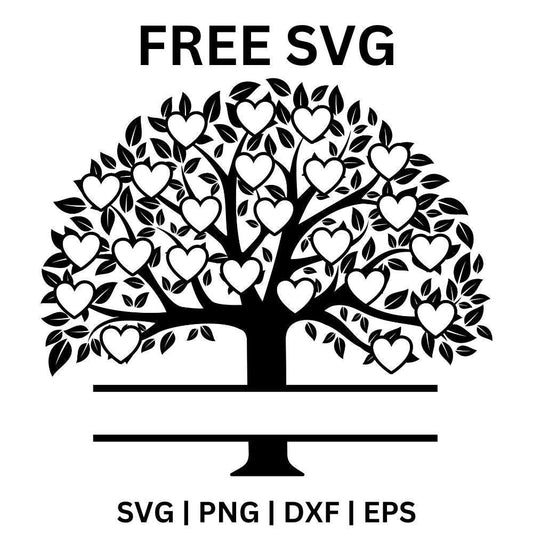Black branching tree silhouette with twenty-three white heart frames in the leafy crown above a split name bar, free twenty-three hearts family tree SVG cut file preview.