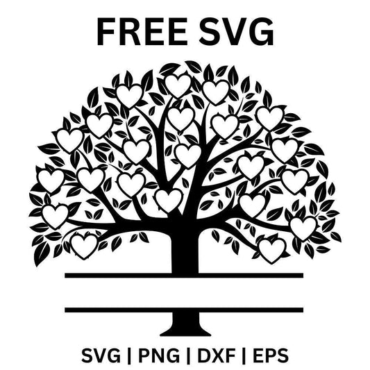 Black branching tree silhouette with twenty-two white heart frames in the leafy crown above a split name bar, free twenty-two hearts family tree SVG cut file preview.