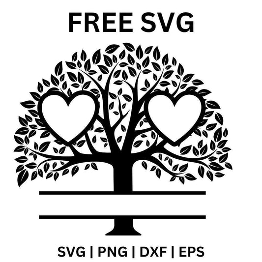 Black branching tree silhouette with two white heart frames in the leafy crown above a split name bar, free two hearts family tree SVG cut file preview.