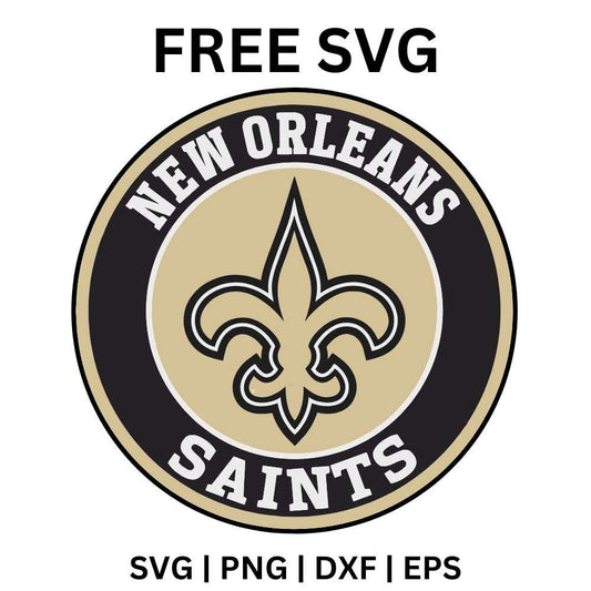 Black fleur de lis on a gold circle inside a black ring with arched gold lettering, free fleur de lis round badge SVG cut file preview.