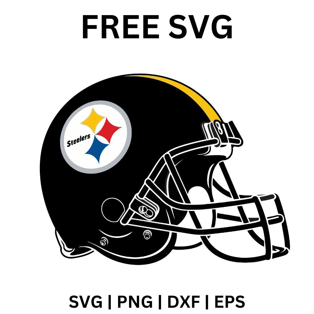 Glossy black football helmet with a gray face mask and a side circle holding yellow, red and blue four point star shapes, free football helmet SVG cut file preview.
