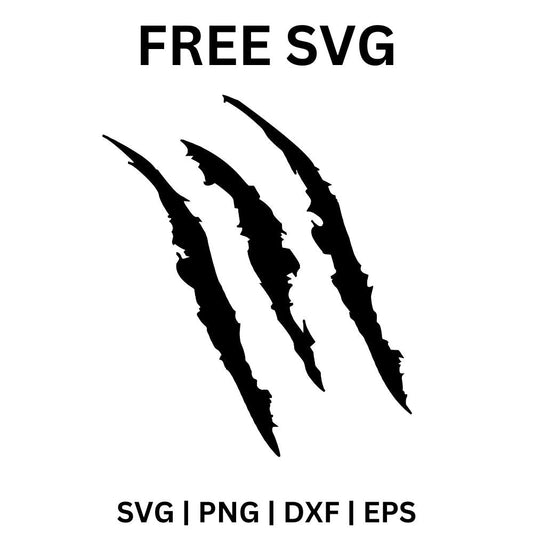Four jagged black diagonal claw scratch marks tearing across a white background, free claw marks SVG cut file preview.