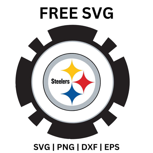 Black industrial gear ring framing a white circle with yellow, red and blue four point star shapes and small team text, free gear emblem SVG cut file preview.