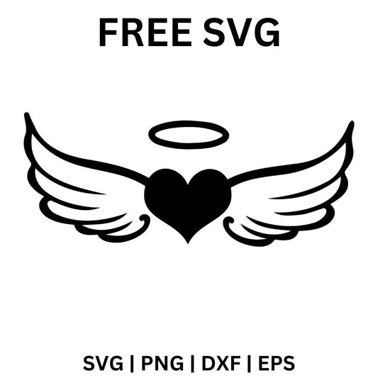 Solid black heart with outlined feathered angel wings on both sides and a halo above, free angel wings heart SVG cut file preview.