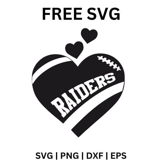 Black heart with football laces, a diagonal white stripe and white team name lettering, with two small hearts floating above, free football heart SVG cut file preview.