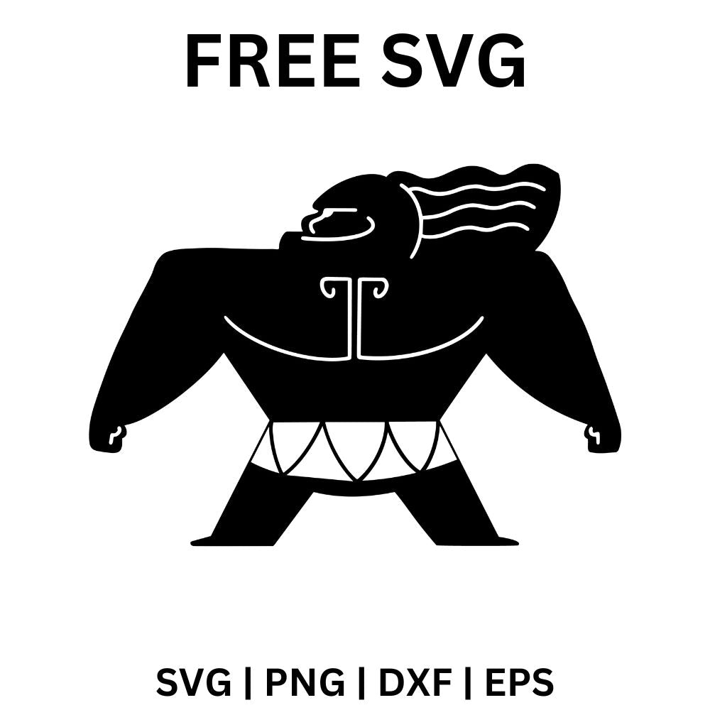 Bold black silhouette of a broad shouldered island strongman with flowing hair and tribal pattern cutouts, free island hero silhouette SVG cut file preview.