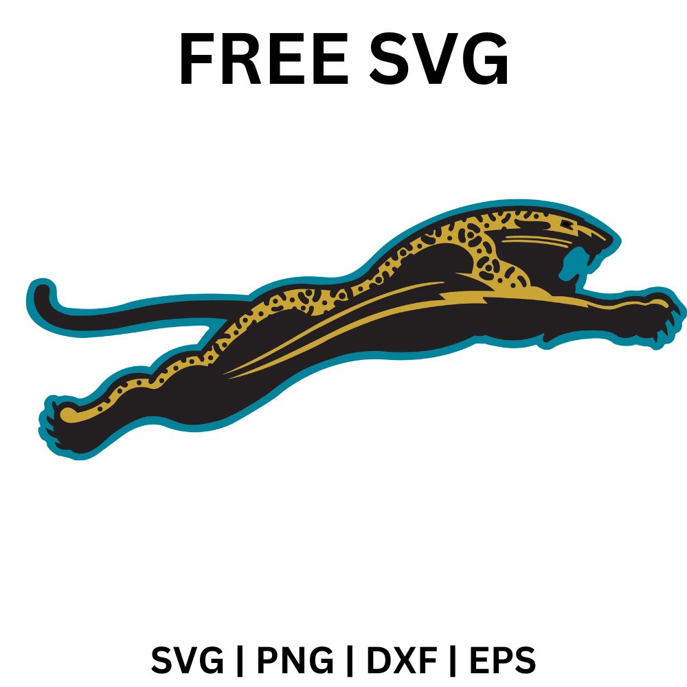 Sleek black jaguar with a gold spotted head stretched out in a full leap, outlined in teal, free leaping jaguar mascot SVG cut file preview.