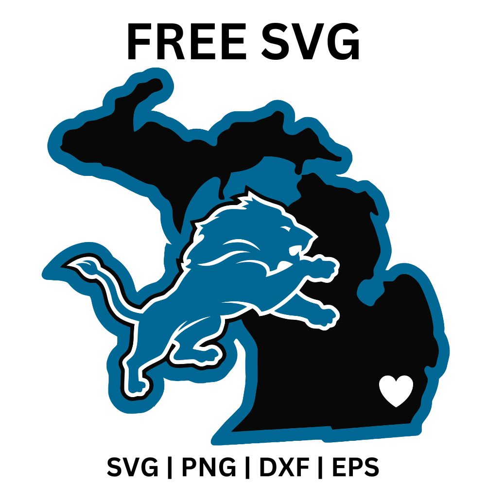 Black Michigan state map with a blue border, a leaping blue lion and a small white heart, free Michigan map lion SVG cut file preview.