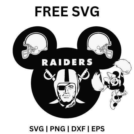 Black round mouse ears silhouette with football helmets in the ears, team lettering and a pirate shield inside, plus a cartoon cheerleader mouse with pom-poms, free football mouse ears SVG cut file preview.
