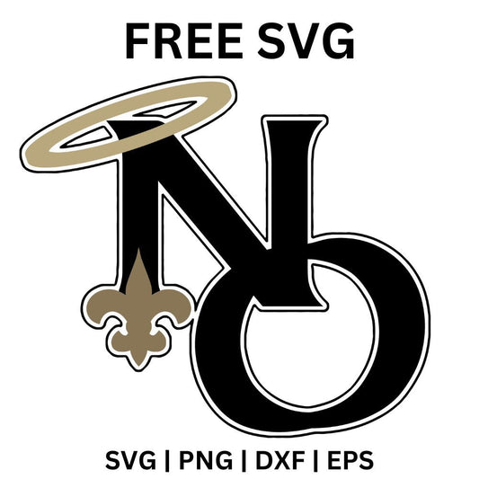 Bold black N and O letters with a gold halo above and a small gold fleur de lis at the side, free halo letters fleur de lis SVG cut file preview.
