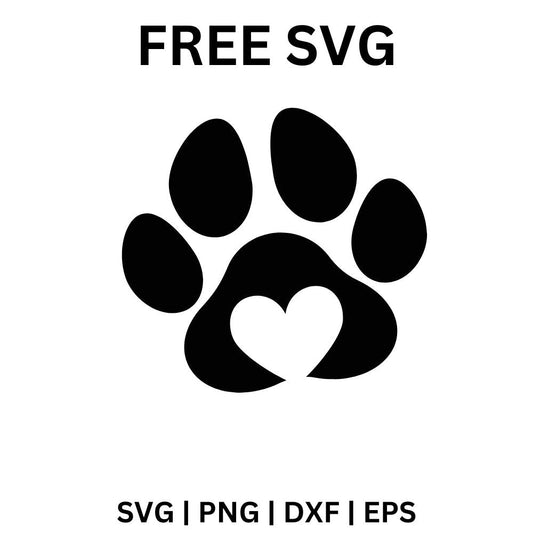 Bold black dog paw print with four toes and a white heart cut out of the main pad, free heart paw print SVG cut file preview.