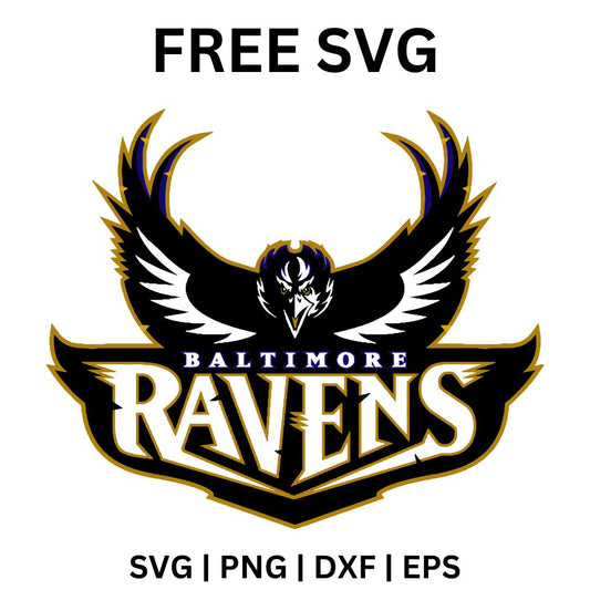 Black raven with spread wings and gold accents above an arched purple and black team wordmark with a small city name, free raven wings football SVG cut file preview.