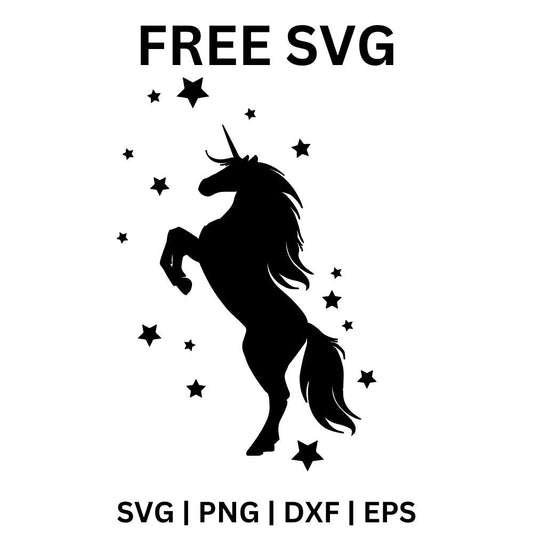 Solid black silhouette of a unicorn rearing up on its hind legs surrounded by scattered black stars, free unicorn silhouette SVG cut file preview.