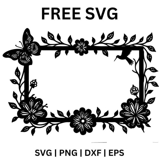 Black rectangular frame wrapped in flowers, leaves and vines with a butterfly at the top corner, free floral rectangle frame SVG cut file preview.