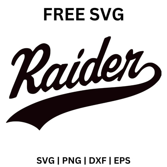 Bold black script Raider lettering with a long sweeping swoosh tail underneath, free script team lettering SVG cut file preview.