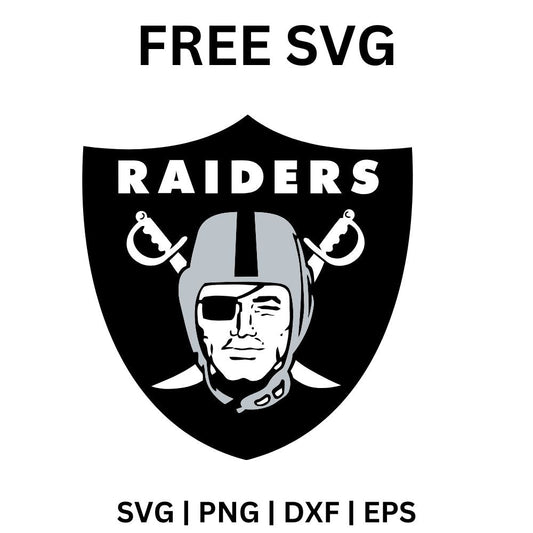 Black shield with white team lettering, a pirate face wearing a silver football helmet and an eye patch, and two crossed swords behind, free football shield SVG cut file preview.