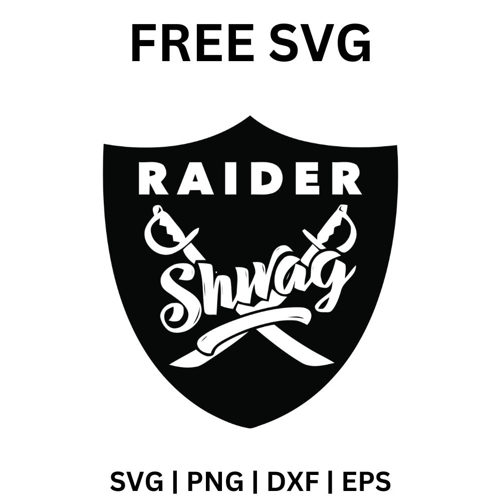 Black shield with white block lettering on top and white Swag script across crossed swords and a banner, free swag shield SVG cut file preview.