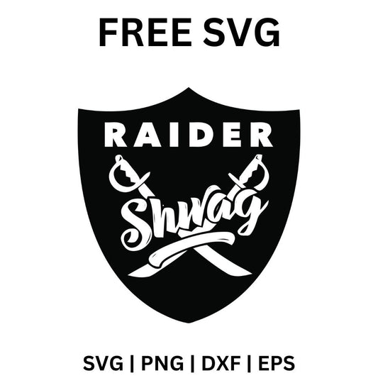 Black shield with white block lettering on top and white Swag script across crossed swords and a banner, free swag shield SVG cut file preview.
