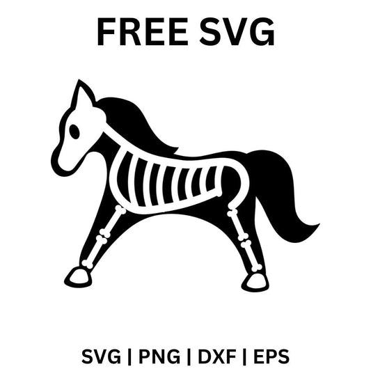 Black horse silhouette with white skeleton ribs, spine and leg bones and a skull face, free skeleton horse SVG cut file preview.