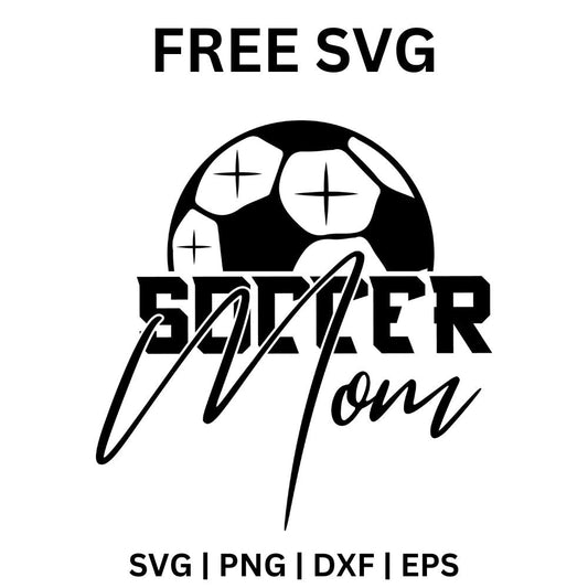 Black soccer ball with sparkles above bold Soccer Mom lettering in block and brush script styles, free soccer mom SVG cut file preview.