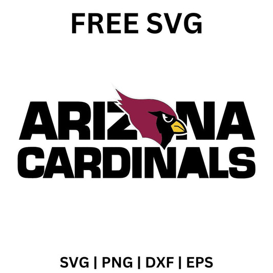 Bold black stacked block wordmark with a small red cardinal bird head set into the top line, free cardinal head stacked wordmark SVG cut file preview.