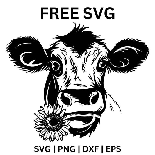 Black and white sketched cow head with a fluffy forelock holding a sunflower in its mouth, free cow with sunflower SVG cut file preview.