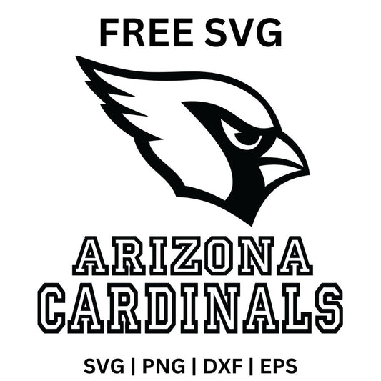 Black and white outlined cardinal bird head above a two line outlined block wordmark, free minimalist black cardinal SVG cut file preview.