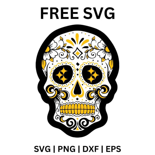 Black and yellow floral sugar skull with starburst eye sockets and swirl patterns outlined in black, free floral sugar skull SVG cut file preview.