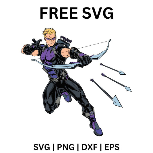 Blonde archer hero in a purple and black suit drawing a bow with several arrows flying ahead, free archer hero SVG cut file preview.