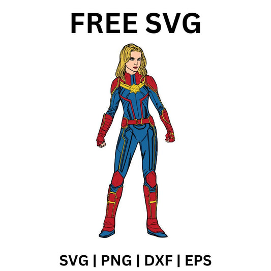 Blonde superheroine standing in a blue and red flight suit with a gold star emblem on the chest and red boots, free superheroine SVG cut file preview.