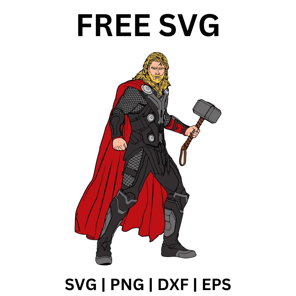 Blonde bearded thunder warrior in dark armor and a long red cape standing tall and holding a square hammer at his side, free thunder warrior SVG cut file preview.