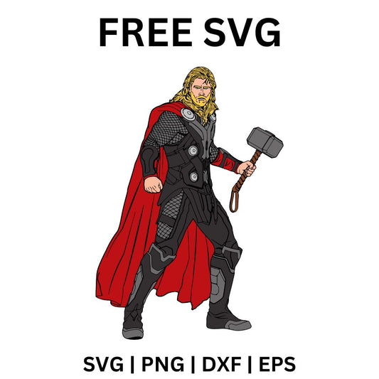 Blonde bearded thunder warrior in dark armor and a long red cape standing tall and holding a square hammer at his side, free thunder warrior SVG cut file preview.