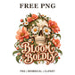 Floral skull clipart with orange flowers and white daisies above Bloom Boldly lettering, free retro skull PNG