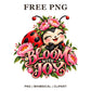 Cute winking ladybug clipart with a pink peony flower crown and Bloom With Joy script, free PNG for sublimation