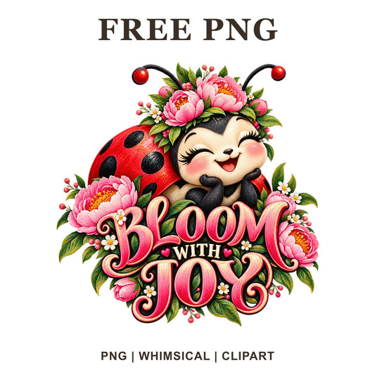 Cute winking ladybug clipart with a pink peony flower crown and Bloom With Joy script, free PNG for sublimation